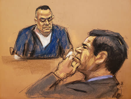 Isaias Valdez Rios discusses violent murders committed by accused Mexican drug lord Joaquin "El Chapo" Guzman (R), in this courtroom sketch during Guzman's trial in Brooklyn federal court in New York City, U.S., January 24, 2019. REUTERS/Jane Rosenberg