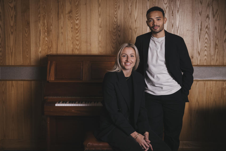 Leah Williamson with Liam MacDevitt, the presenter of Out Of Office (Hamish Jordan/BBC/PA)