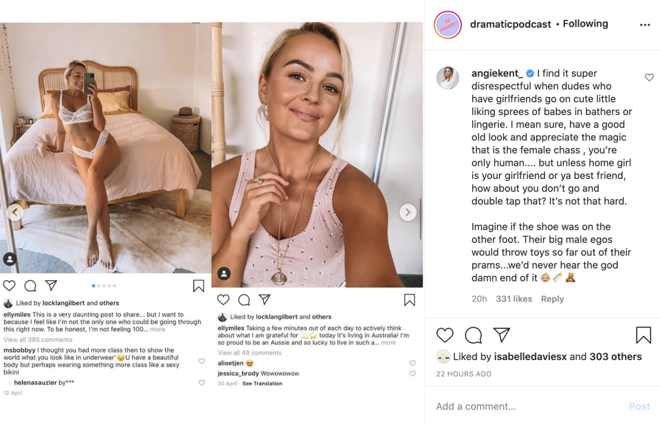 A series of screenshots appear to show Locky has 'liked' multiple photos by women including upcoming Bachelorette Elly Miles. Photo: Instagram/dramaticpodcast.