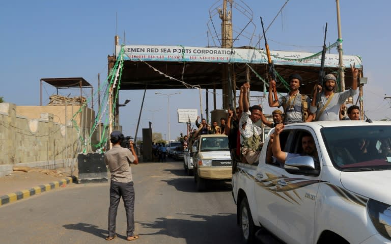 Yemeni Huthi rebel fighters pictured in the port city of Hodeida on December 29, 2018