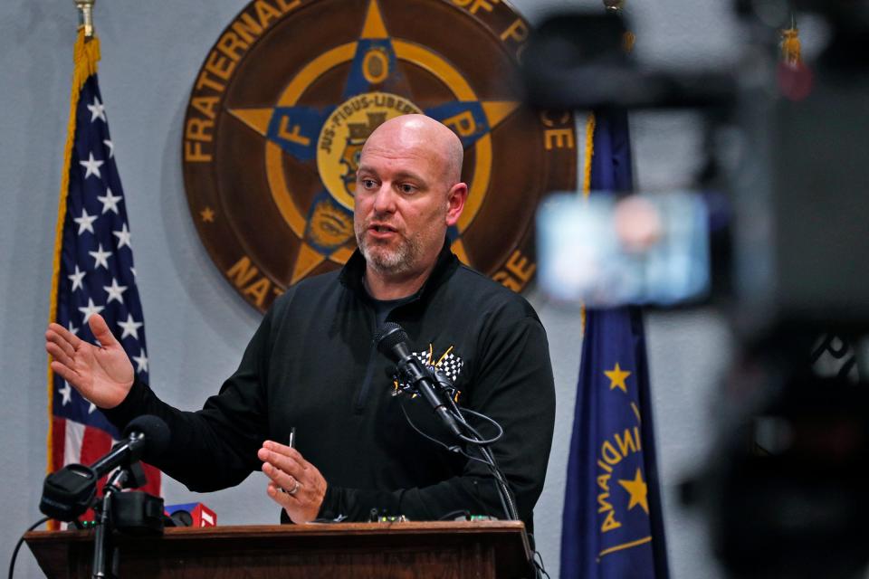 FOP President Rick Snyder speaks during a press conference Wednesday, Dec. 1, 2021 at the Fraternal Order of Police, Lodge #86 headquarters in Indianapolis. He and Rev. Charles Harrison addressed Indianapolis' growing violence trends leading to breaking the homicide record with a month to go in 2021. They laid out legislative recommendations the law enforcement organization intends to address with state leaders.