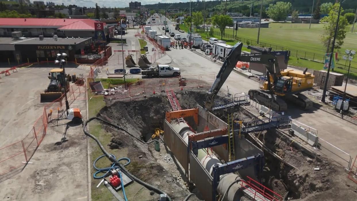 A drone image of the water feeder main on June 13. (Monty Kruger/CBC - image credit)