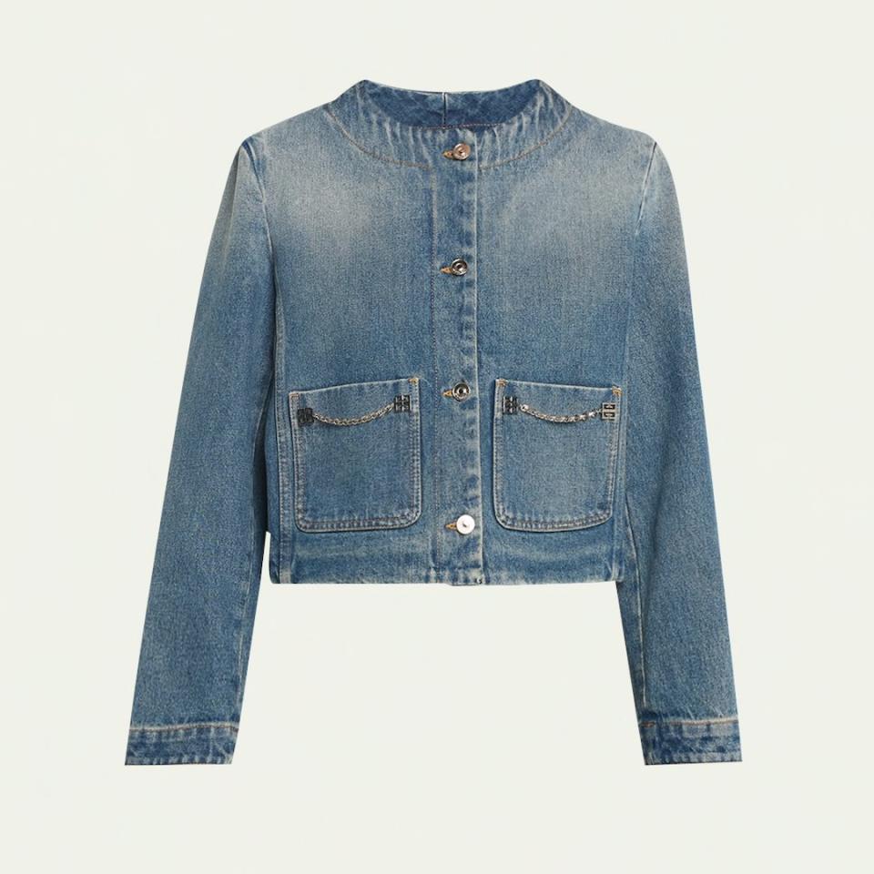 Givenchy blue denim jacket womens collarless chain trim outerwear