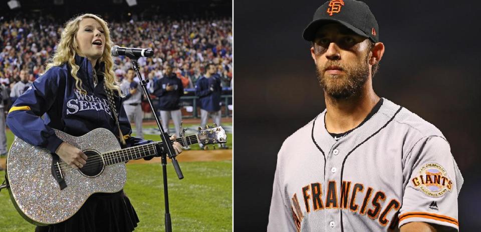 Is Taylor Swift to blame for the Giants early playoff exit? We wouldn't dare ask Madison Bumgarner for his opinion. (AP Photos)