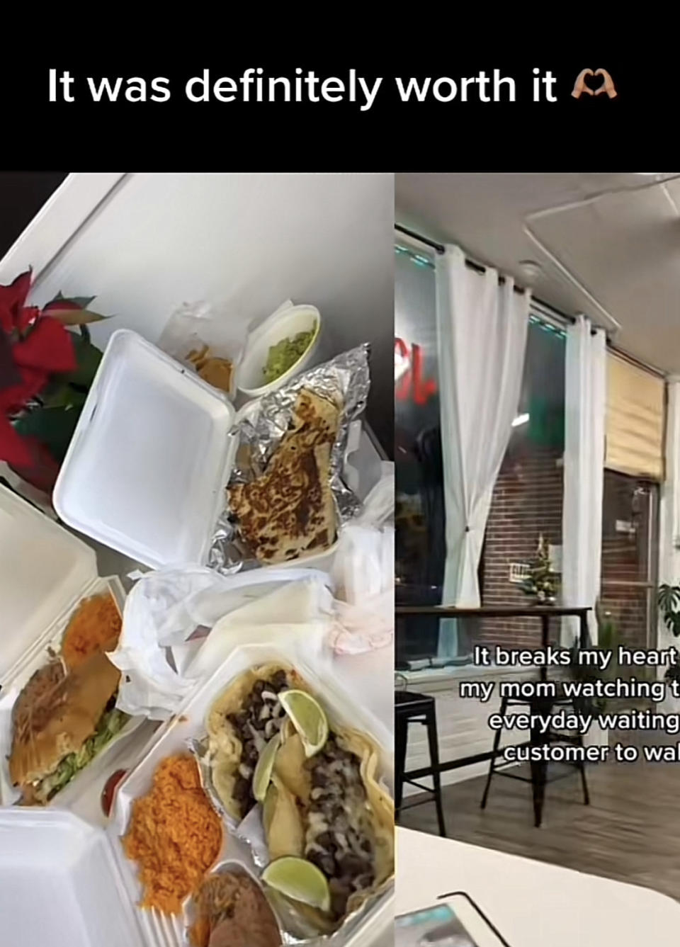 screencap of stitched video from customer of all their food saying "it was definitely worth it"