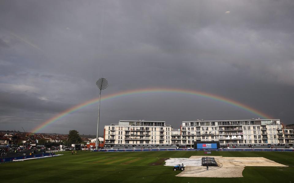 A rainbow appears over the ground after the match was abandoned during the 3rd Metro Bank ODI between England and Ireland at Seat Unique Stadium on September 26, 2023 in Bristol, England