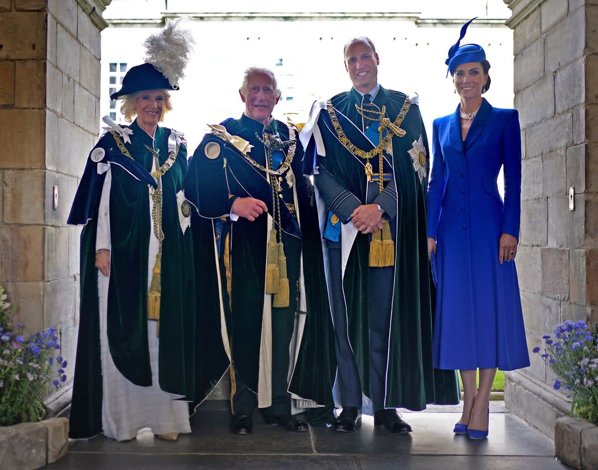 Queen Camilla, King Charles III, Prince William, Prince of Wales and Catherine, Princess of Wales pose for a photograph after watching a flypast (POOL/AFP via Getty Images)