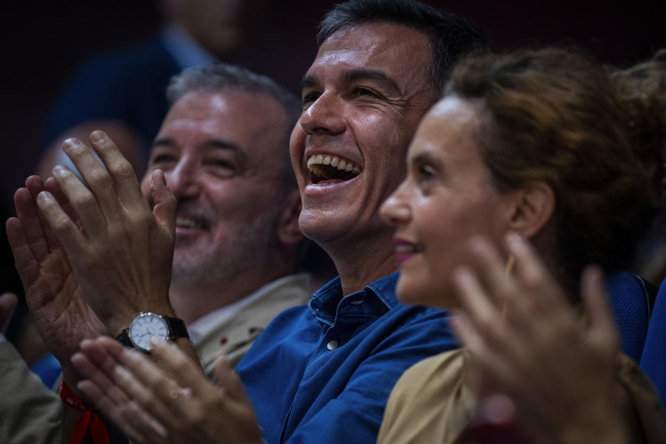 Spain's Prime Minister and Socialist Workers' Party candidate Pedro Sánchez takes part in a campaigning meeting in Barcelona, Spain, Sunday, July 16, 2023. Spain's elections Sunday will be a battle between two leftist and two rightist parties that are teaming up to form possible coalitions. Pedro Sánchez, Spain's prime minister since 2018, is facing re-election with recent ballots and most of polls against him. (AP Photo/Emilio Morenatti)