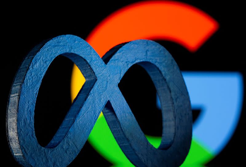 FILE PHOTO: A 3D printed Facebook's new rebrand logo Meta is seen in front of displayed Google logo in this illustration