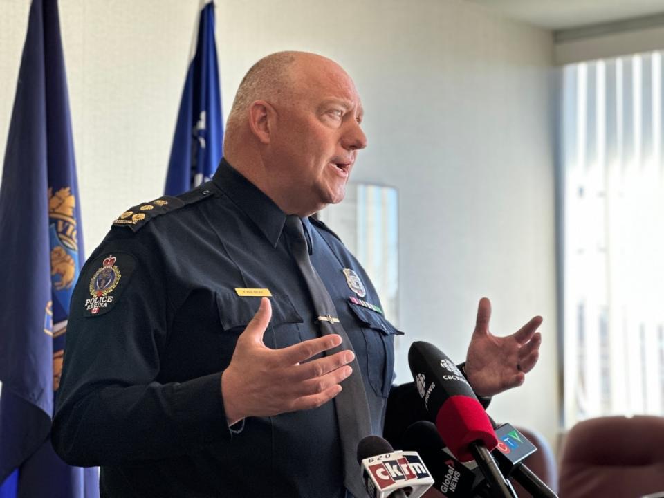 Chief Evan Bray speaking to reporters on Wednesday, March 29. He has spent seven years as chief of the Regina Police Service. (Kirk Fraser/CBC - image credit)