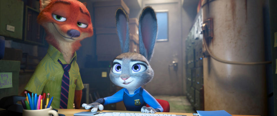 Nick Wilde, a fox, and Judy Hopps, a rabbit, from Zootopia, are in a cluttered office. Nick is wearing a shirt and tie, and Judy is in a police uniform