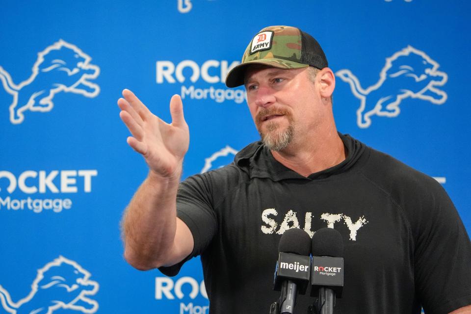 Head coach Dan Campbell speaks to the media during the Detroit Lions training camp at the Lions headquarters in Allen Park, Mich. on Friday, Aug 2, 2024.