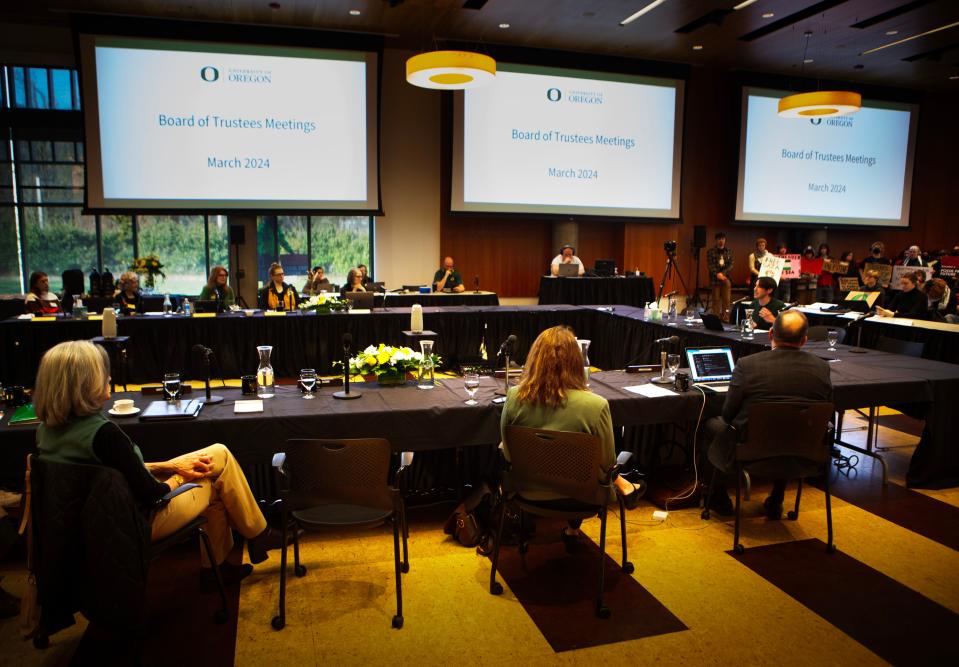 The University of Oregon Board of Trustees meet at the Ford Alumni Center in Eugene Tuesday.
