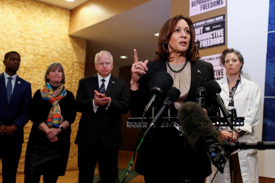 Kamala Harris speaks during a visit to the St Paul Health Center (REUTERS)