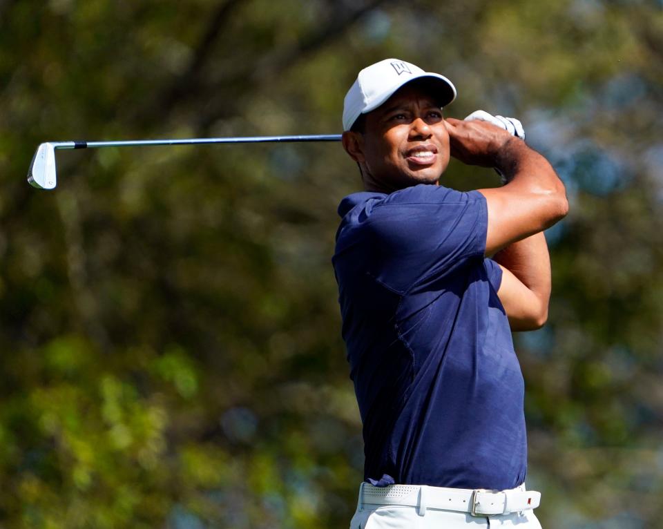 Apr 4, 2022; Augusta, Georgia, USA; Tiger Woods tees off on no. 4 during a practice round of The Masters golf tournament at Augusta National Golf Club. Mandatory Credit: Danielle Parhizkaran-USA TODAY Sports