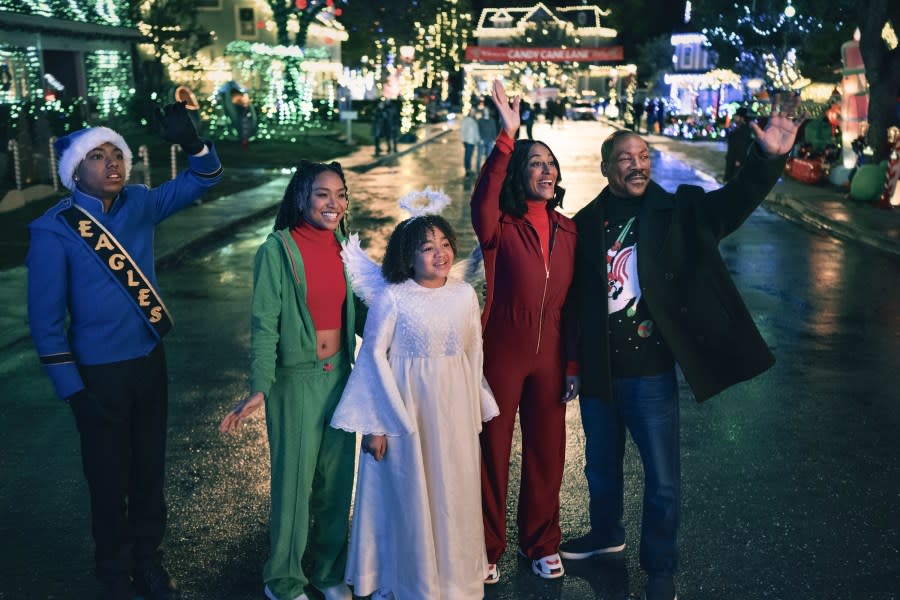 Thaddeus J. Mixson as ‘Nick Carver,’ Genneya Walton as ‘Joy Carver,’ Madison Thomas as ‘Holly Carver,’ Tracee Ellis Ross as ‘Carol Carver,’ and Eddie Murphy as ‘Chris Carver’ star in “Candy Cane Lane.” (Photo by Claudette Barius © Amazon Content Services LLC)