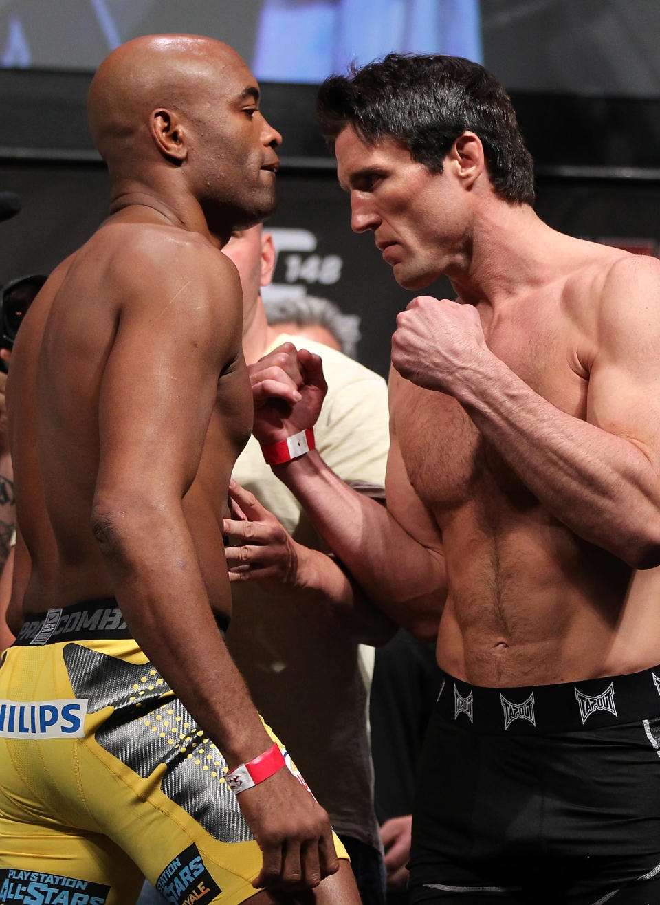 LAS VEGAS, NV - JULY 6: (L-R) Opponents Anderson Silva and Chael Sonnen face off during the UFC 148 Weigh In at the Mandalay Bay Events Center on July 6, 2012 in Las Vegas, Nevada. (Photo by Josh Hedges/Zuffa LLC/Zuffa LLC via Getty Images)