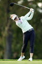 Brooke M. Henderson, of Canada, watches her tee shot on the third hole during the first round of the KPMG Women's PGA Championship golf tournament at the Aronimink Golf Club, Thursday, Oct. 8, 2020, in Newtown Square, Pa. (AP Photo/Matt Slocum)