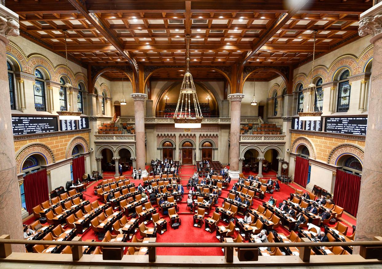 View of the Assembly Chamber during a legislative session at the state Capitol in Albany, New York on Thursday, April 7, 2022.