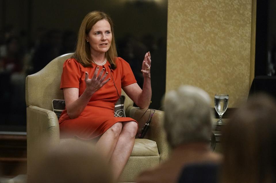 Supreme Court Associate Justice Amy Coney Barrett speaks during the Seventh Circuit Judicial Conference Monday, Aug. 28, 2023, in Lake Geneva, Wis. (AP Photo/Morry Gash)