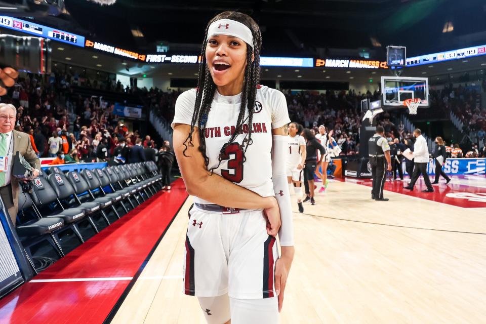 Mar 20, 2022; Columbia, South Carolina, USA; South Carolina Gamecocks guard Destanni Henderson (3) celebrates after defeating the Miami Hurricanes at Colonial Life Arena to advance to the Sweet Sixteen.