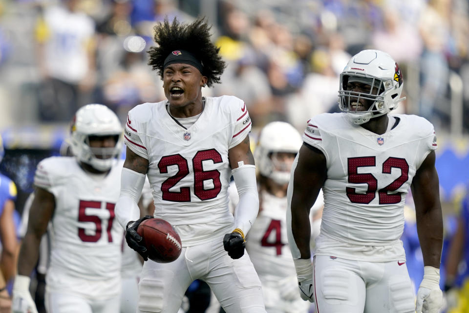 Arizona Cardinals cornerback Bobby Price (26) reacts after recovering a fumble following a punt to the Los Angeles Rams during the first half of an NFL football game Sunday, Oct. 15, 2023, in Inglewood, Calif. (AP Photo/Ryan Sun)