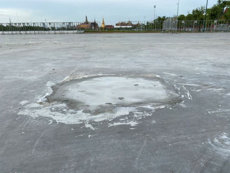 The place where a plaque placed by Thai pro-democracy protesters near the Grand Palace in Bangkok that declared that Thailand belongs to the people and not the king, is seen after the plaque was removed according to police, in Bangkok