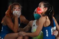 <p>Silver medallist Miho Nonaka of Japan (left) , bronze medallist Akiyo Noguchi of Japan (right) and gold medallist Janja Garnbret of Slovenia (center) celebrate after competing in the Women's Sport Climbing Lead Final. </p>