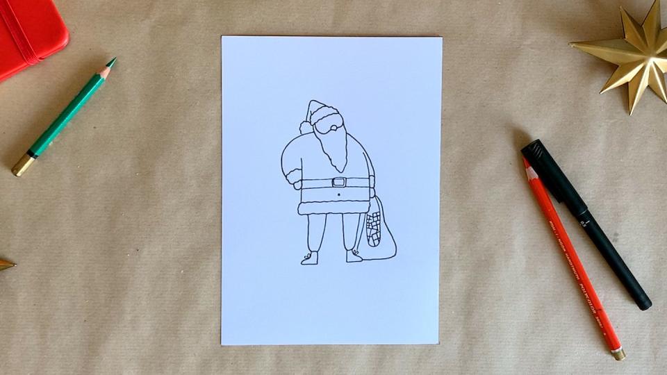 a drawing of santa in black pen on white paper