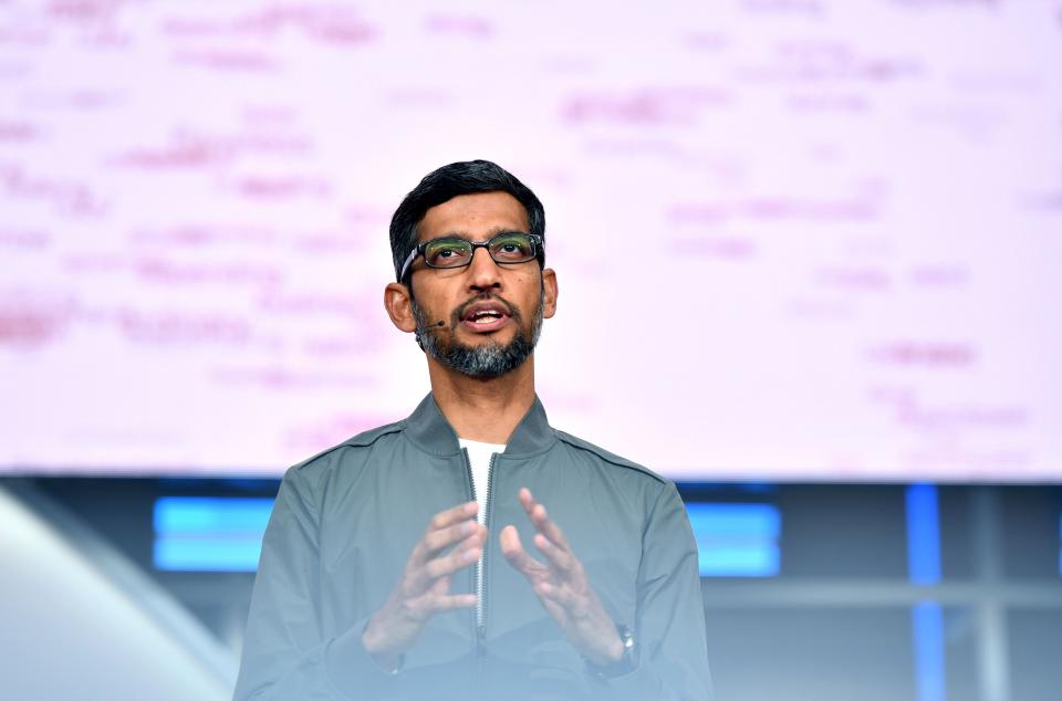 Google CEO Sundar Pichai speaks during the Google I/O keynote session at Shoreline Amphitheatre in Mountain View, California on May 7, 2019. (Photo by Josh Edelson / AFP)        (Photo credit should read JOSH EDELSON/AFP/Getty Images)