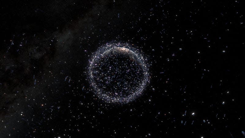 Conceptual image of space debris around Earth, not to scale. 