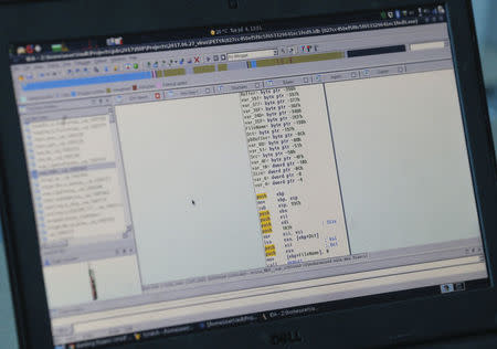 FILE PHOTO: A view shows a laptop display showing part of a code, which is the component of Petya malware computer virus according to representatives of Ukrainian cyber security firm ISSP, at the firm's office in Kiev, Ukraine July 4, 2017. REUTERS/Valentyn Ogirenko/File Photo