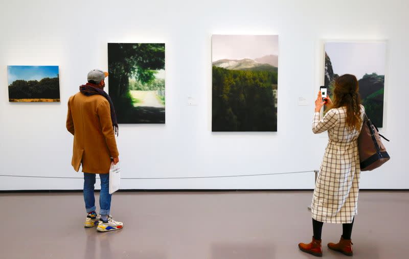 A woman takes a picture of the painting "Waldhaus" by German painter Gerhard Richter at the Kunsthaus Zurich art museum in Zurich