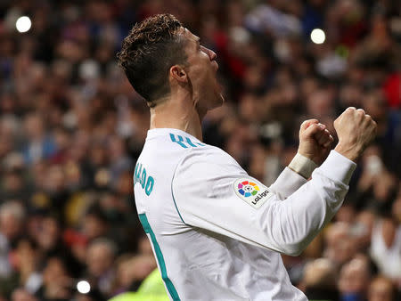 Soccer Football - La Liga Santander - Real Madrid vs Girona - Santiago Bernabeu, Madrid, Spain - March 18, 2018 Real Madrid's Cristiano Ronaldo celebrates scoring their second goal REUTERS/Sergio Perez