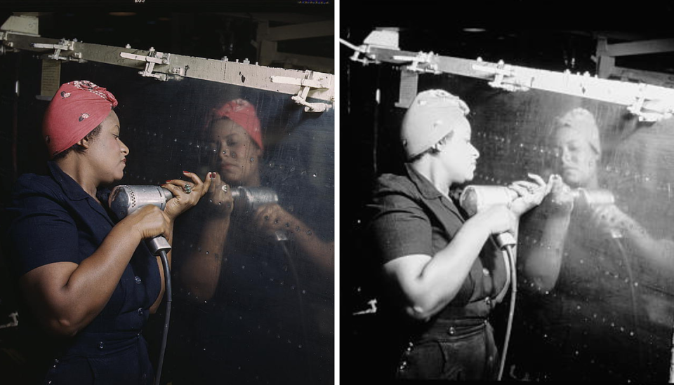 Fotografía de una mujer operando un taladro manual en Vultee-Nashville. La mujer trabaja en un bombardero. La fotografía original, en color, y su conversión a blanco y negro son ambas de Alfred T. Palmer’s en 1943. <a href="https://www.loc.gov/item/2017878540/" rel="nofollow noopener" target="_blank" data-ylk="slk:Library of Congress, Prints & Photographs Division, Farm Security Administration/Office of War Information Color Photographs;elm:context_link;itc:0;sec:content-canvas" class="link ">Library of Congress, Prints & Photographs Division, Farm Security Administration/Office of War Information Color Photographs</a>