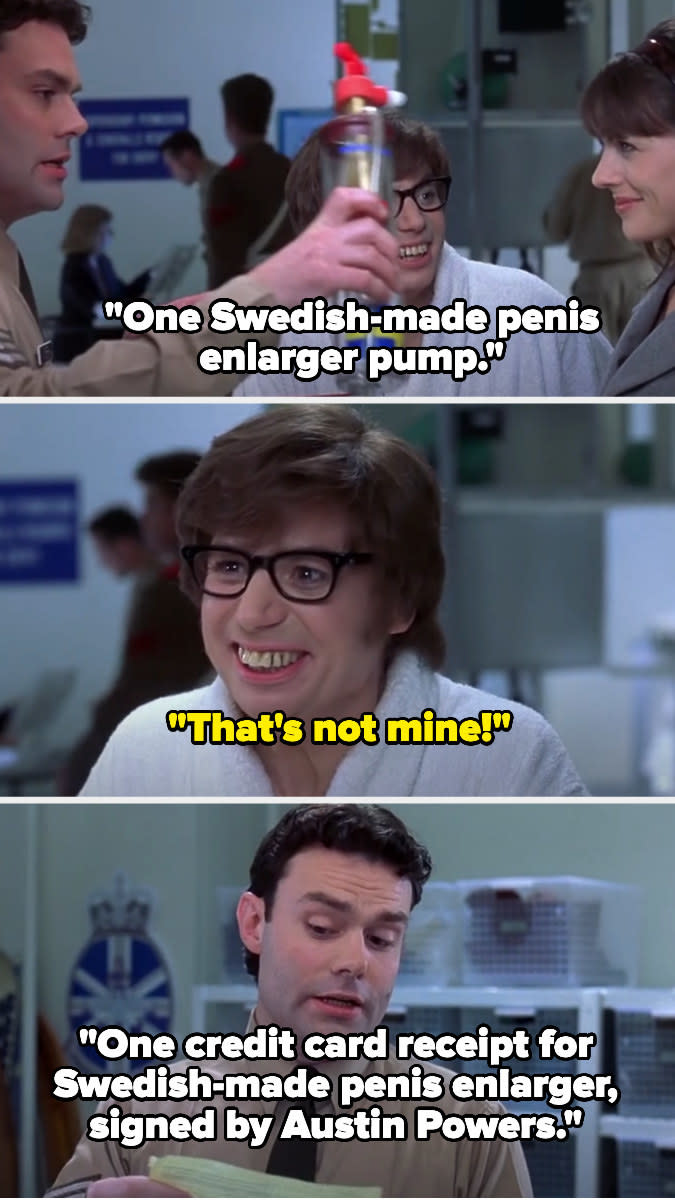Austin Powers getting his belongings back while a man announcers one swedish-made penis enlarger pump