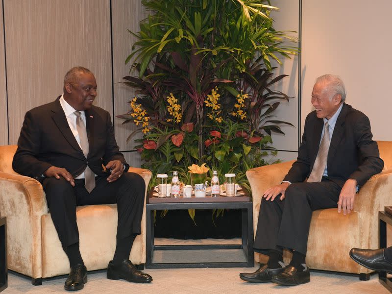 Singapore's Minister for Defence Dr Ng Eng Hen meets with U.S. Defense Secretary Lloyd Austin on the sidelines of the 20th Shangri-La Dialogue in Singapore
