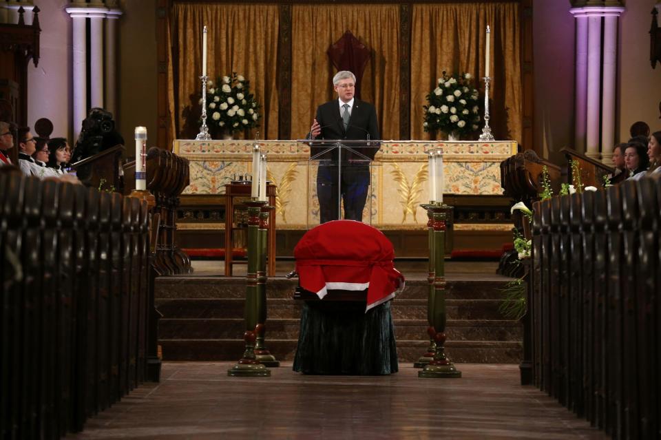 Canada's Prime Minister Stephen Harper speaks at the state funeral for former finance minister Jim Flaherty in Toronto