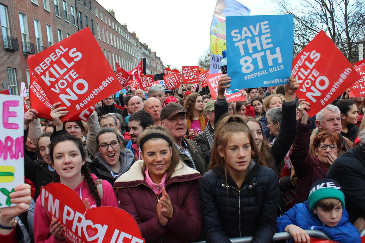 Anti-abortion advocates rally in Dublin on March 10. (Photo: Jesselyn Cook/HuffPost)