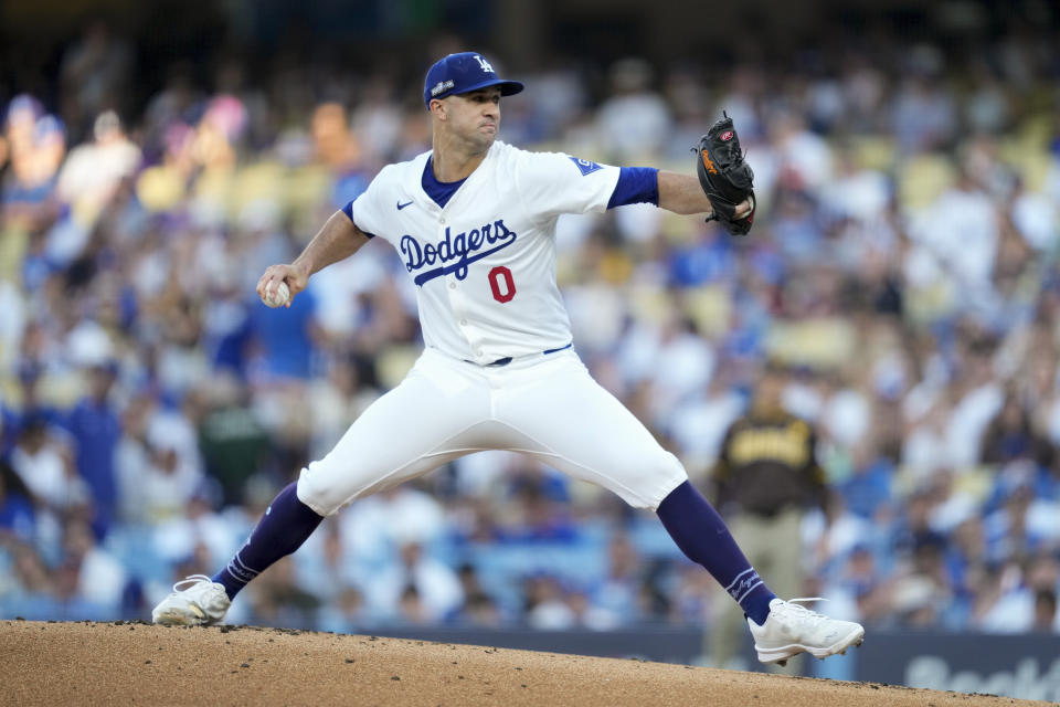 Los Angeles Dodgers pitcher Jack Flaherty throws to a San Diego Padres batter during the first inning in Game 2 of a baseball NL Division Series Sunday, Oct. 6, 2024, in Los Angeles. (AP Photo/Ashley Landis)