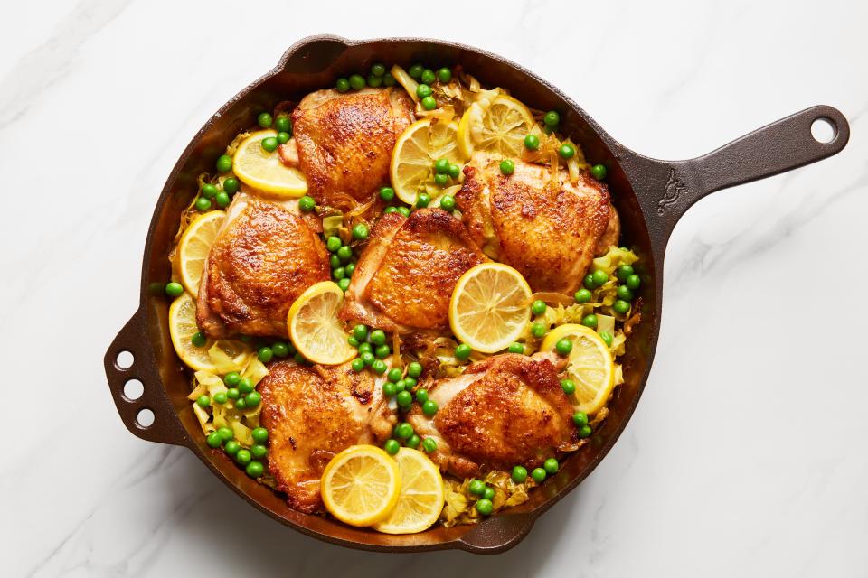 Crispy Chicken Over Turmeric-Lemon Cabbage and Peas