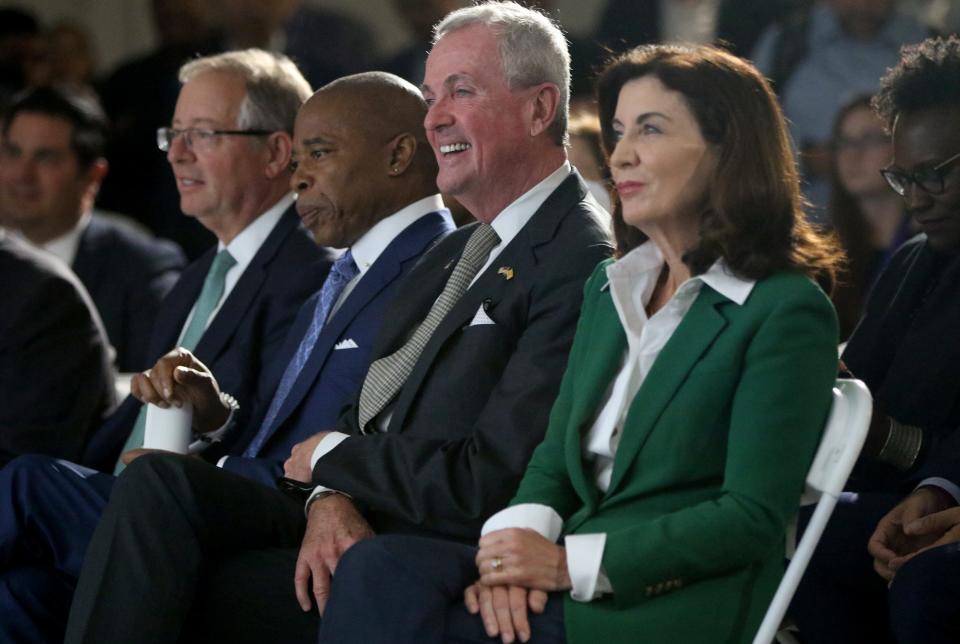 Right to left) New York Governor Kathy Hochul, New Jersey Governor Phil Murphy and New York City Mayor Eric Adams are shown during a press conference, at Moynihan Train Station. Thursday, June 9, 2022