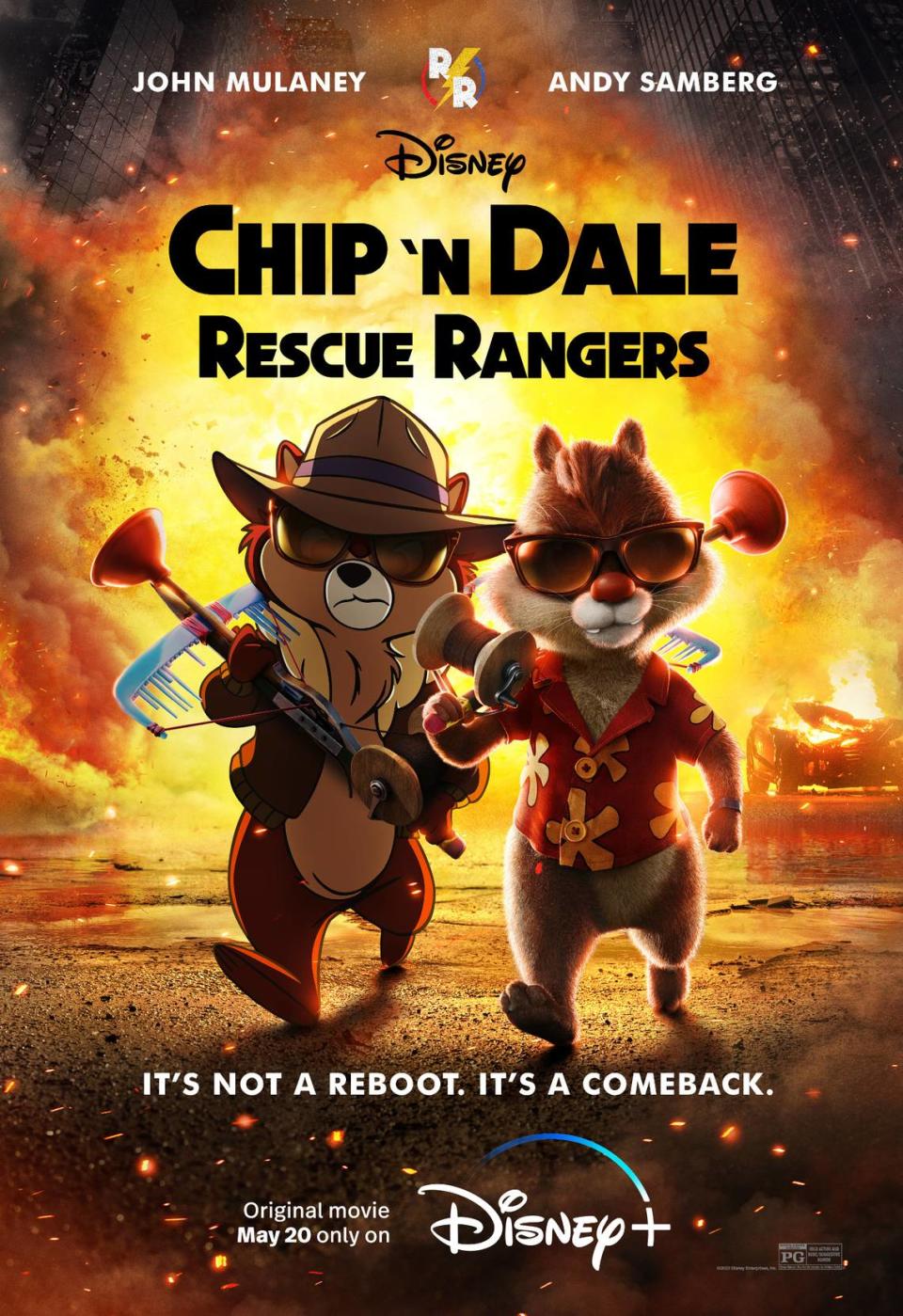 Chip (voiced by John Mulaney) and Dale (voiced by Andy Samberg) in Disney’s live-action CHIP ‘N DALE: RESCUE RANGERS, now exclusively on Disney+.