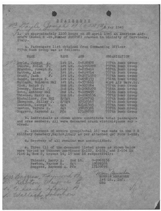 A statement indicating a military airplane crash in Cervinara, Italy on April 28, 1945. 16 men were on the airplane and died, including Joseph Brandon of Springfield, Missouri.