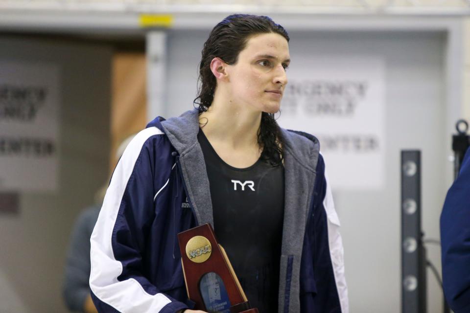 In a file photo from 2022, swimmer Lia Thomas after a race at the NCAA Swimming & Diving Championships at Georgia Tech.