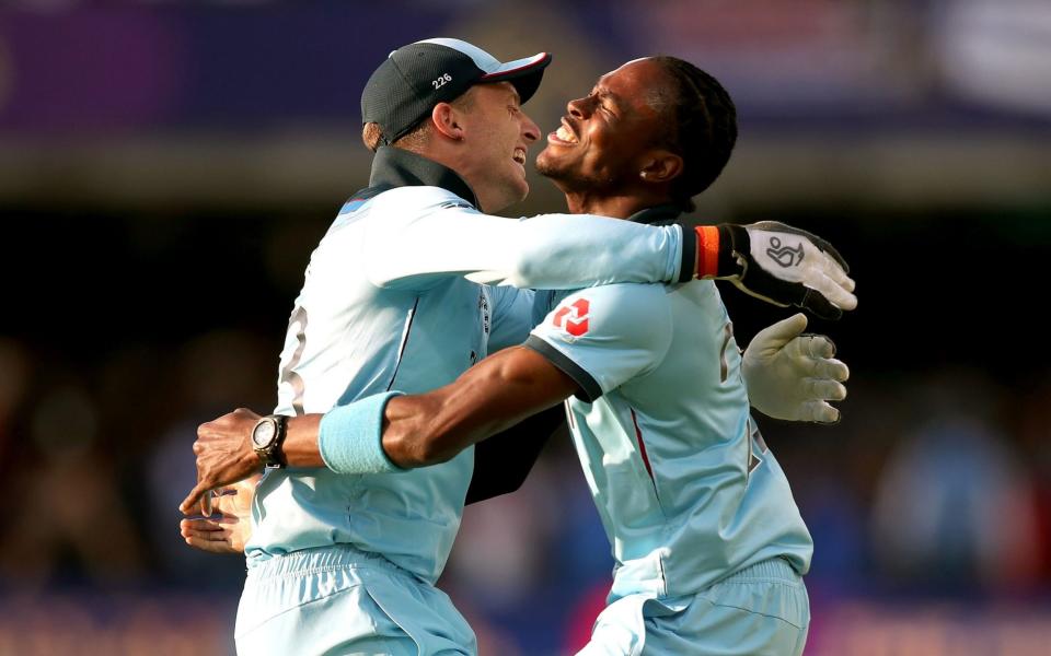 Embracing new formats: Jos Buttler and Jos Archer hug after Jofra bowled the last ball of the World Cup Final - PA