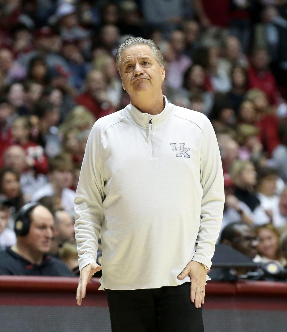 Kentucky head coach John Calipari reacts to a call during the game against Alabama at Coleman Coliseum.