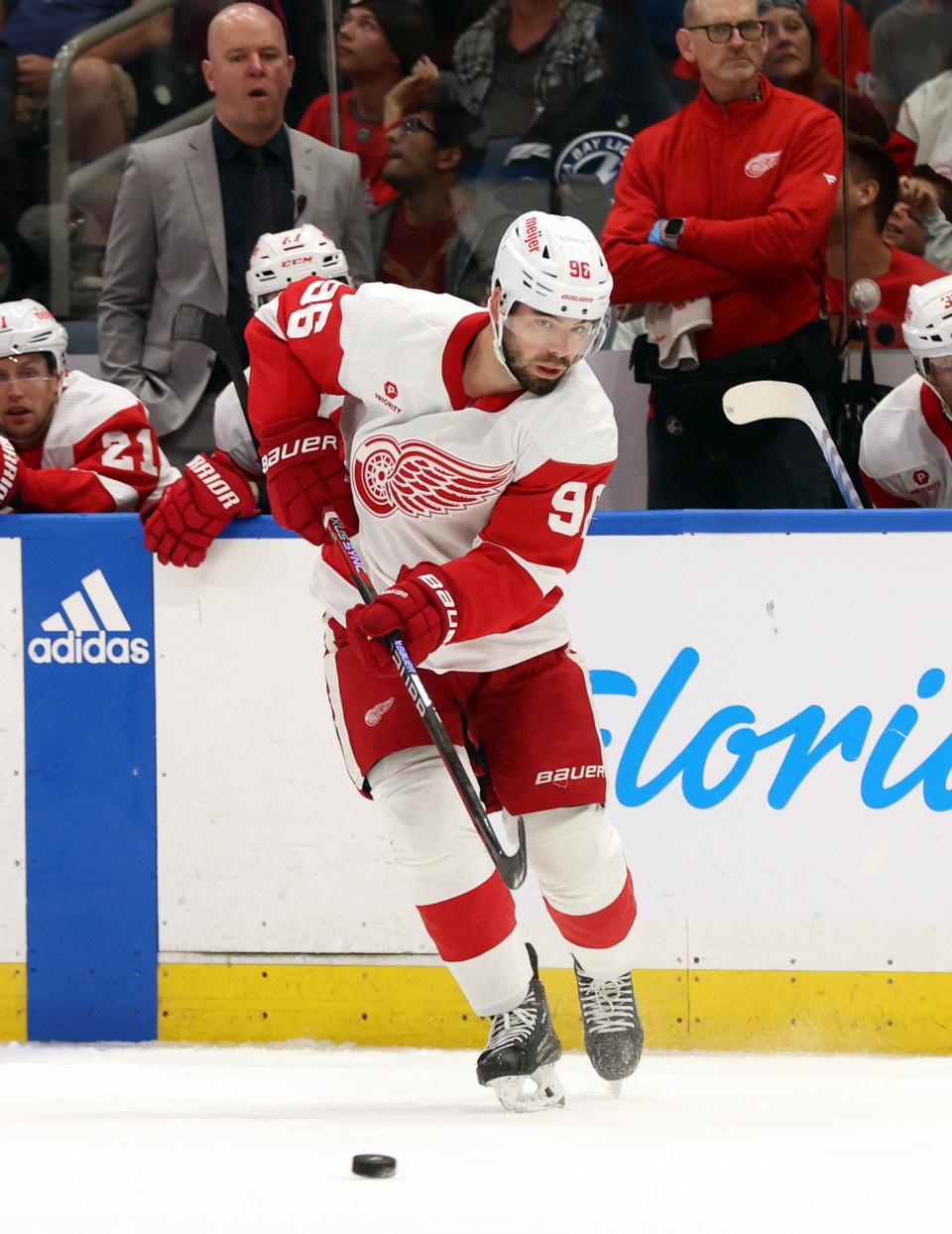 Detroit Red Wings defenseman Jake Walman passes the puck against the Tampa Bay Lightning during the second period at Amalie Arena in Tampa, Florida on April 1, 2024.