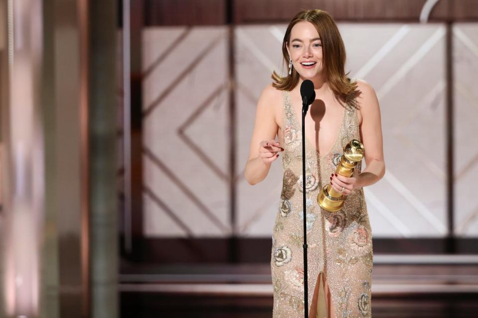 Emma Stone won the prize for best female actor in a motion picture for her role as Bella Baxter in Poor Things, beating Barbie star Margot Robbie in one of the evening's upsets.  