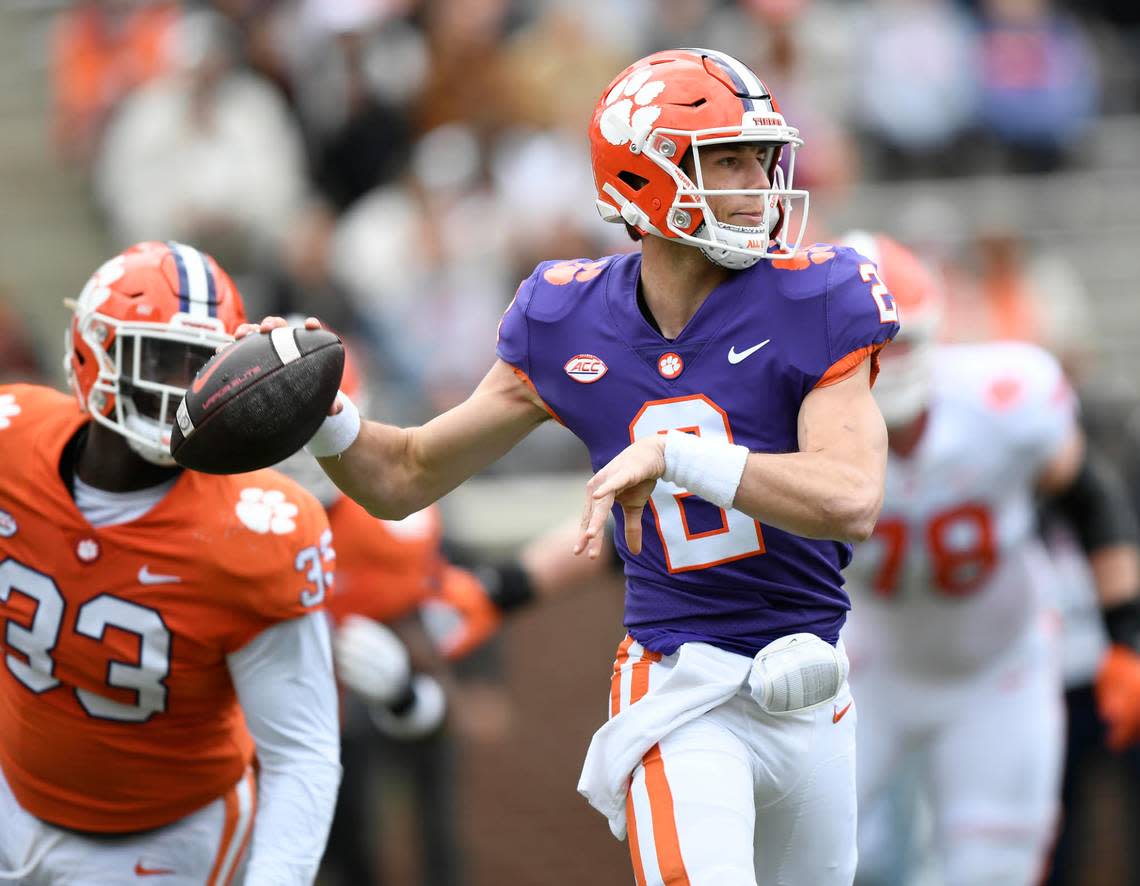 Clemson quarterback Cade Klubnik (2) looks to pass during the first half of the TigerÕs spring game Saturday, April 9, 2022 at Clemson’s Memorial Stadium. Bart Boatwright/The Clemson Insider